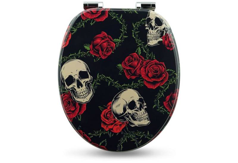 Sanfino WC-Sitz "Rose Skull" Premium Toilettendeckel mit Absenkautomatik aus Holz, mit schönem Totenkopf-Motiv, hohem Sitzkomfort, einfache Montage von Sanfino
