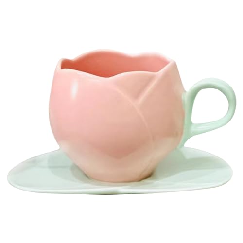 Keramikkaffeetassen, Keramik -Tulp -Tasse, 300 ml unregelmäßige Tulpeform Keramikbecher mit Untertasse, kreative süße Tasse Blumenkaffeetasse für Büro zu Hause trinken Latte Tee Milch trinken von Sanfiyya