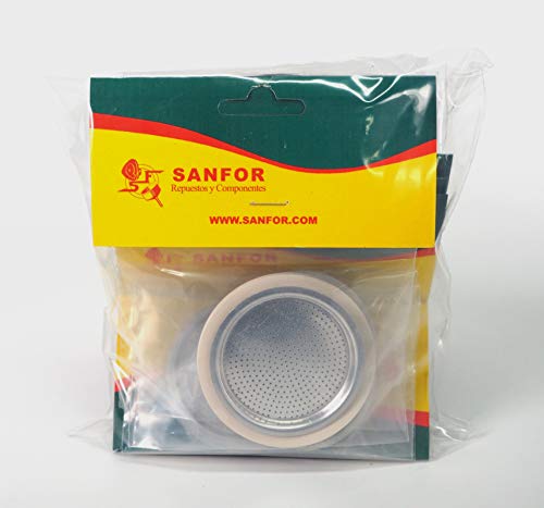 Sanfor 70042 Packung mit 10 Blistern + Dichtung für Kaffeemaschine für 3 Tassen, Aluminium, Gummi, Weiß/Silber von Sanfor