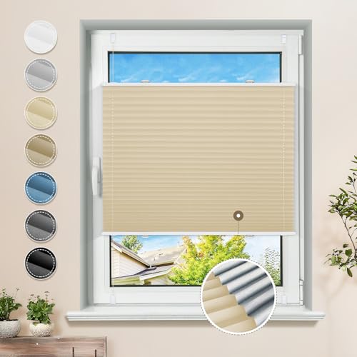 Plissee ohne Bohren Verdunkelung Klemmfix Hellbeige 90x120cm Thermo Plissees 100% Verdunklung Rollos für Fenster & Tür Verdunklungsplissee ohne Bohren Sichtschutz von Sanfree