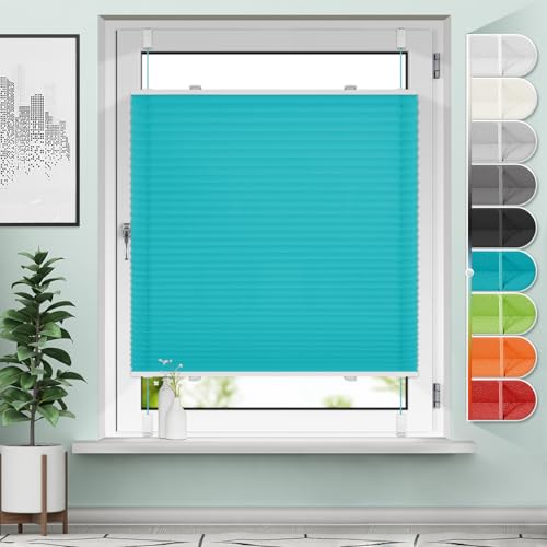 Sanfree Plissee Klemmfix ohne Bohren Türkis B90 x H130cm Easyfix plisseerollo Jalousie Faltrollo Blickdicht Sichtschutz & Sonnenschutz Fertifplissee Rollos für Fenster und Tür von Sanfree