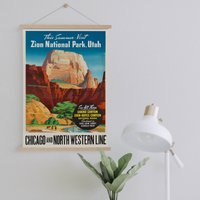 Hänger Gerahmt Leinwand Druck Von Zion National Park Reise Werbung| Wand Kunstdruck| Leinwandbild| Fertig Zum Aufhängen| Vintage Wanddekoration von Sangalyos