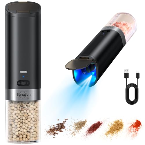 Sangcon Verbessertes Elektrisches Salz und PfeffermüHlen Set Mit Schwerkraft Wiederaufladbar üBer USB Mit Blauem Led Licht Einstellbare Grobheit Automatische Salz und PfeffermüHle Mit GroßEr Kapazität von Sangcon-EP