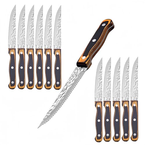 SanheKit Steakmesser-Set, deutscher Edelstahl mit hohem Kohlenstoffgehalt, Geschmiedete, gehämmerte Klinge Holzgriff, Full-Tang-Design (8 pcs set) von SanheKit