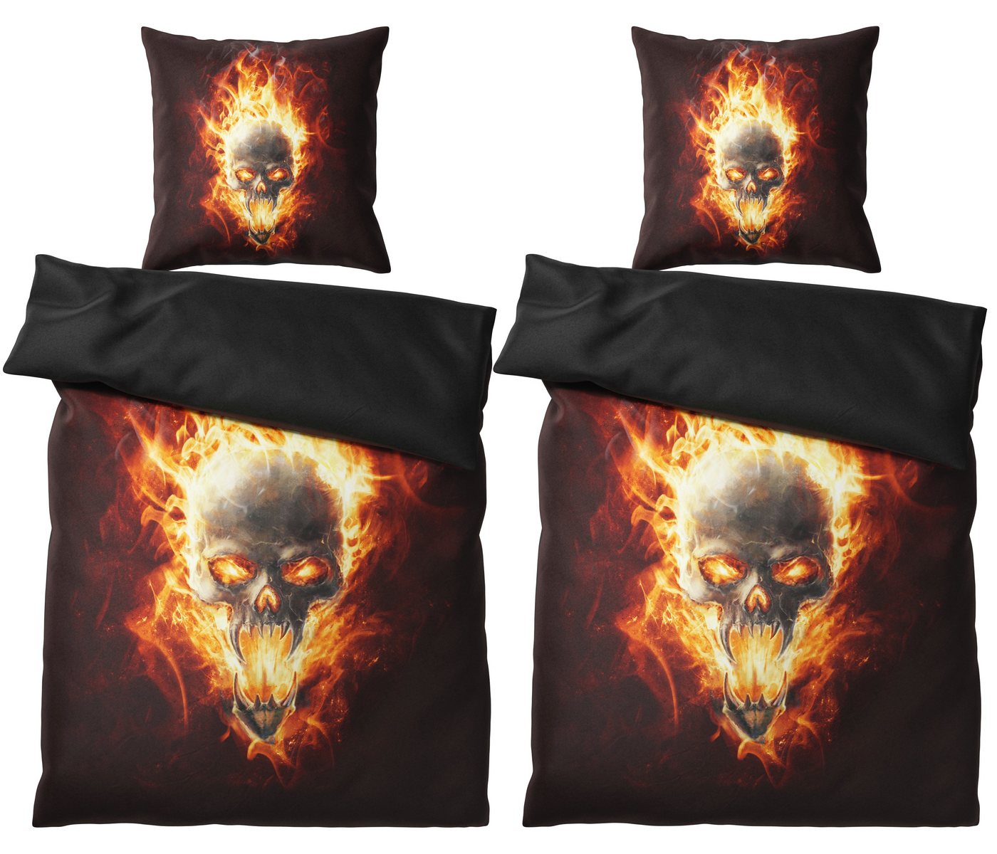 Bettwäsche Totenkopf in Flammen 135x200 cm, Bettbezug und Kissenbezug, Sanilo, Baumwolle, 4 teilig von Sanilo