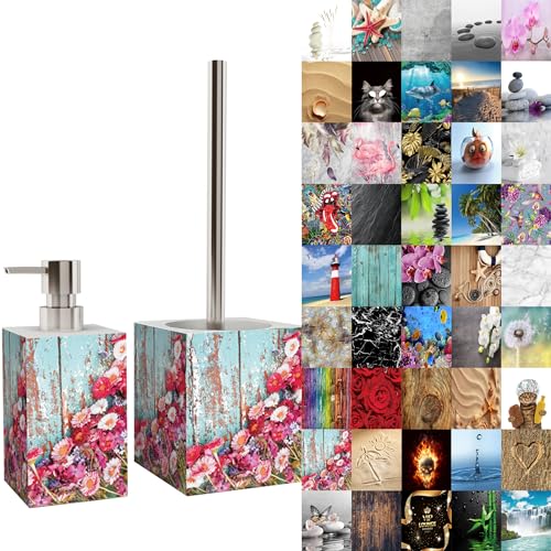 Sanilo Badezimmer Set, Seifenspender und WC Bürste mit Motiv, große Auswahl, Klobürste ohne Bohren, schöne Designs (Spring) von Sanilo