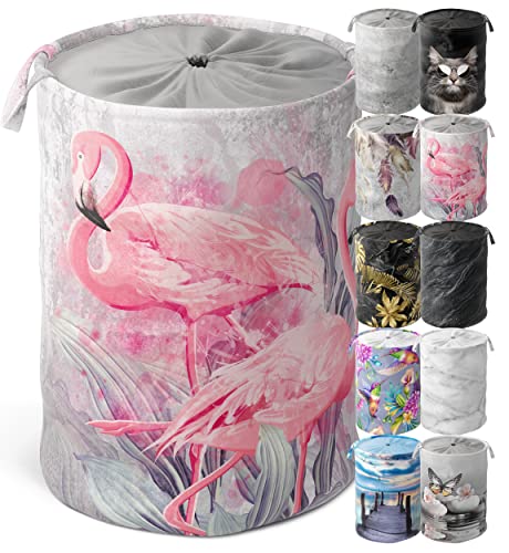 Sanilo Wäschekorb faltbar, stabiler runder Wäschesammler 60 Liter, Wäschesack mit Griffen und Abdeckung (Flamingo) von Sanilo