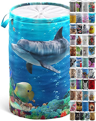 Sanilo Wäschekorb faltbar, stabiler runder Wäschesammler 60 Liter, Wäschesack mit Griffen und Abdeckung (Delphin) von Sanilo