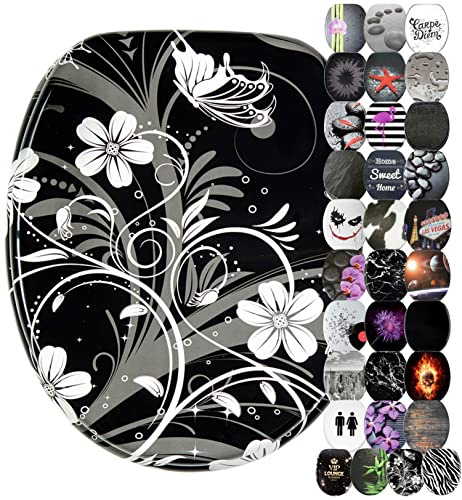 Sanilo WC Sitz ohne Absenkautomatik, viele schöne schwarze Toilettendeckel zur Auswahl, hochwertige und stabile Qualität aus Holz (White Flower) von Sanilo