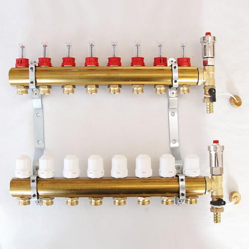 Fussbodenheizungsverteiler Heizkreisverteiler mit Durchflussmengenmesser und Entlüftergruppe 2-12 Heizkreise für Fussbodenheizung (8-fach Verteiler) von Sanimix24