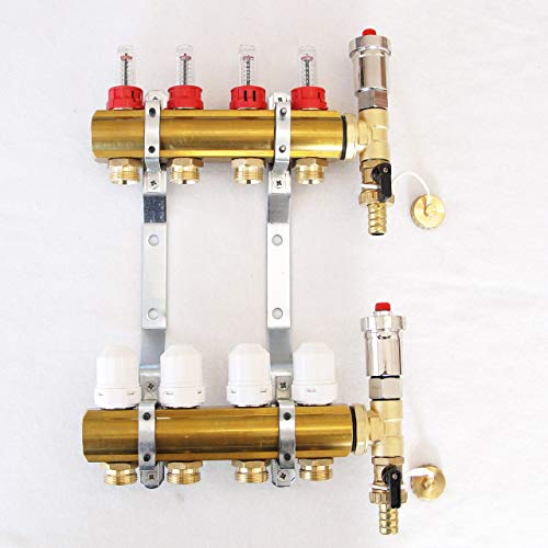 Messing Heizkreisverteiler Systemverteiler mit Durchflussmengenmesser und Entlüftergruppe 4 Heizkreise für Fussbodenheizung von Sanimix24