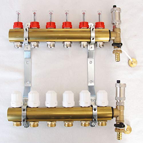 Messing Heizkreisverteiler Systemverteiler mit Durchflussmengenmesser und Entlüftergruppe 6 Heizkreise für Fussbodenheizung von Sanimix24