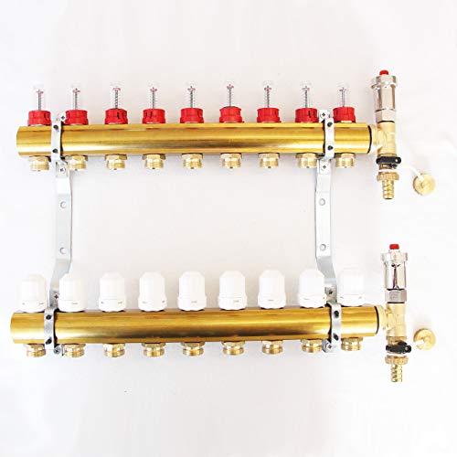 Messing Heizkreisverteiler Systemverteiler mit Durchflussmengenmesser und Entlüftergruppe 9 Heizkreise für Fussbodenheizung von Sanimix24