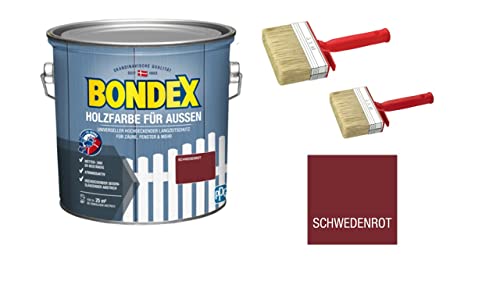 Sanitärshop Baustoffe & Sanitär Set: 1 x Bondex Holzfarbe für Außen 2,5 L schwedenrot für ca. 25 m² Wetter- & UV-beständig atmungsaktiv inkl. 2 Flächenstreicher von Sanitärshop Baustoffe & Sanitär