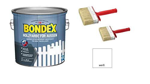 Sanitärshop Baustoffe & Sanitär Set: 1 x Bondex Holzfarbe für Außen 2,5 L weiß für ca. 25 m² Wetter- & UV-beständig atmungsaktiv inkl. 2 Flächenstreicher von Sanitärshop Baustoffe & Sanitär