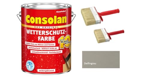 Sanitärshop Baustoffe & Sanitär Consolan Wetterschutzfarbe hockdeckende Holzfarbe inkl. 2 Flächenstreichern (delfingrau, 2,5 Liters) von Sanitärshop Baustoffe & Sanitär