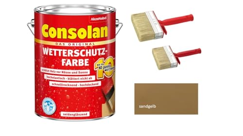 Sanitärshop Baustoffe & Sanitär Consolan Wetterschutzfarbe hockdeckende Holzfarbe inkl. 2 Flächenstreichern (sandgelb, 2,5 Liters) von Sanitärshop Baustoffe & Sanitär