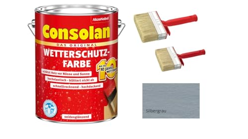 Sanitärshop Baustoffe & Sanitär Consolan Wetterschutzfarbe hockdeckende Holzfarbe inkl. 2 Flächenstreichern (silbergrau, 2,5 Liters) von Sanitärshop Baustoffe & Sanitär