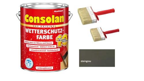 Sanitärshop Baustoffe & Sanitär Consolan Wetterschutzfarbe hockdeckende Holzfarbe inkl. 2 Flächenstreichern (steingrau, 2,5 Liters) von Sanitärshop Baustoffe & Sanitär