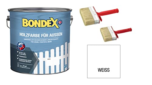 Sanitärshop Baustoffe & Sanitär Set: 1 x Bondex Holzfarbe für Außen, 7,5 L für ca. 70 m² Wetter- & UV-beständig atmungsaktiv inkl. 2 Flächenstreicher (weiß) von Sanitärshop Baustoffe & Sanitär