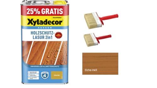 Sanitärshop Baustoffe & Sanitär Xyladecor Holzschutzlasur 2in1 Promo für aussen - inkl. 2 Flächenstreicher (eiche hell, 5 Liters) von Sanitärshop Baustoffe & Sanitär