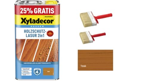 Sanitärshop Baustoffe & Sanitär Xyladecor Holzschutzlasur 2in1 Promo für aussen - inkl. 2 Flächenstreicher (teak, 5 Liters) von Sanitärshop Baustoffe & Sanitär