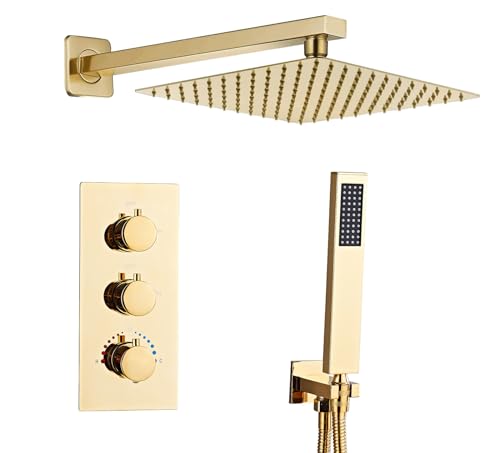SaniteModar Unterputz Duscharmatur Set Gold mit Thermostat, Duschsystem Unterputz mit 25x25cm Regendusche, Duscharmatur Unterputz Komplettset mit Handbrause von SaniteModar