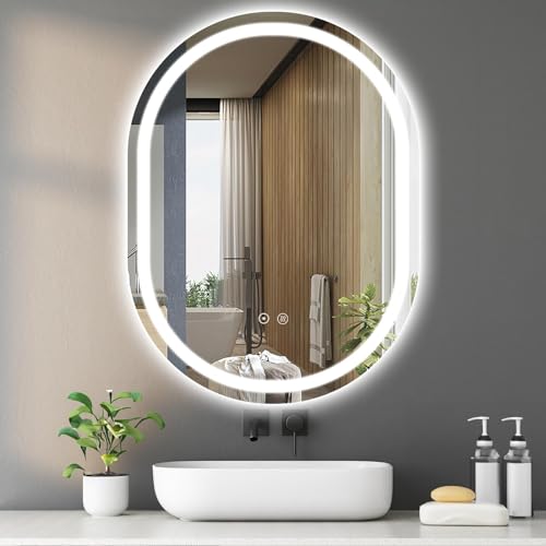 SaniteModar LED Badspiegel 50x70cm, Ovales Badezimmerspiegel mit Beleuchtung, Wandspiegel mit Dreifarbigen Lichtern, Beschlagfrei, Touch-Schalter von SaniteModar