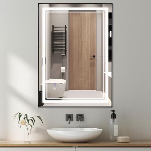 SaniteModar LED Badspiegel 60x80cm mit Schwarzem Rahmen, Badezimmerspiegel mit Beleuchtung mit Beschlagfrei, 3 Farbtemperaturen, Touchschalter von SaniteModar
