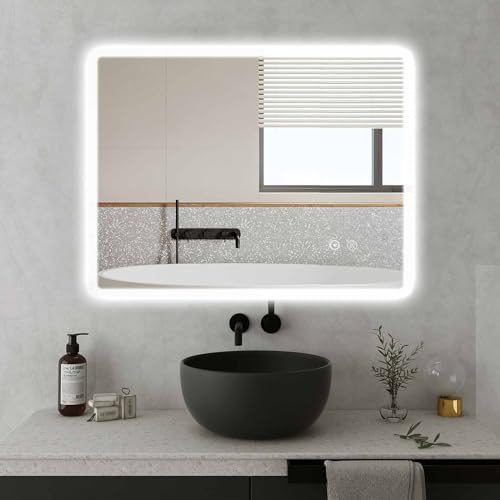SaniteModar LED Badspiegel 70x90cm, Badezimmerspiegel mit Gleichbreiten Beleuchtungsstreifen, Wandspiegel mit Dreifarbigen Lichtern, Beschlagfrei, Touch-Schalter von SaniteModar