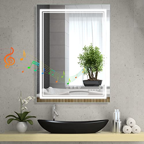 SaniteModar LED Badspiegel mit Bluetooth 60x80cm, Badezimmerspiegel mit Beleuchtung Beschlagfrei, Wandspiegel mit Dreifarbigen Lichtern, Touchschalter von SaniteModar