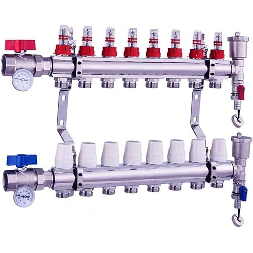 SANITLINE Heizkreisverteiler, oberer Durchflussmesser, Kugelhähne, Thermometer, Verteiler Fußbodenheizung, 8 Heizkreise von Sanitline