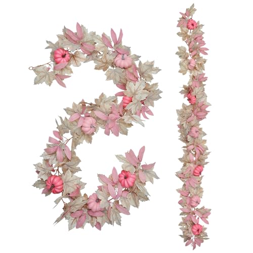 Sanivovonu Dekogirlande, 170 cm, Weiße Ahornblätter mit 7 Rosa Kürbissen, Künstliche Girlande für Tisch und Kamin (Rosa) von Sanivovonu