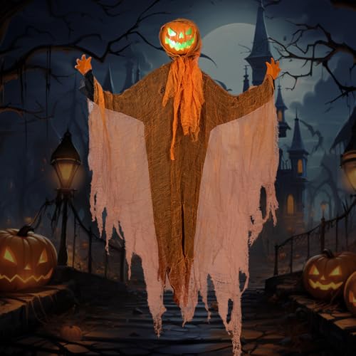 Sanivovonu Halloween Deko, 2025 Neu Elektrischer Schüttelkopf Kürbiskopf Dekoration mit LED Licht, Hängende Laterne Kürbiskopf, Halloween Deko Geister Baumstumpf für Vorgarten Patio Rasen von Sanivovonu