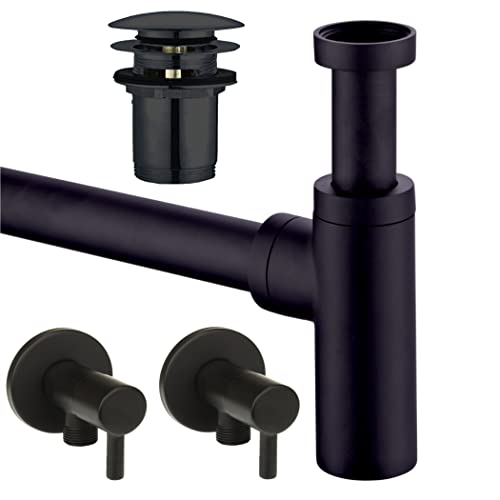 Design Siphon Set rund schwarz matt mit Eck-Ventilen/Ablauf für Waschbecken Pop Up Ablauf-Set Sifon Röhren-Syphon Spülbecken Waschtisch Design Siphon Set rund schwarz matt mit Eck-Ventilen/Ablauf für Waschbecken Pop Up Ablauf-Set Sifon Röhren-Syphon Spülbecken Waschtisch von Sanixa