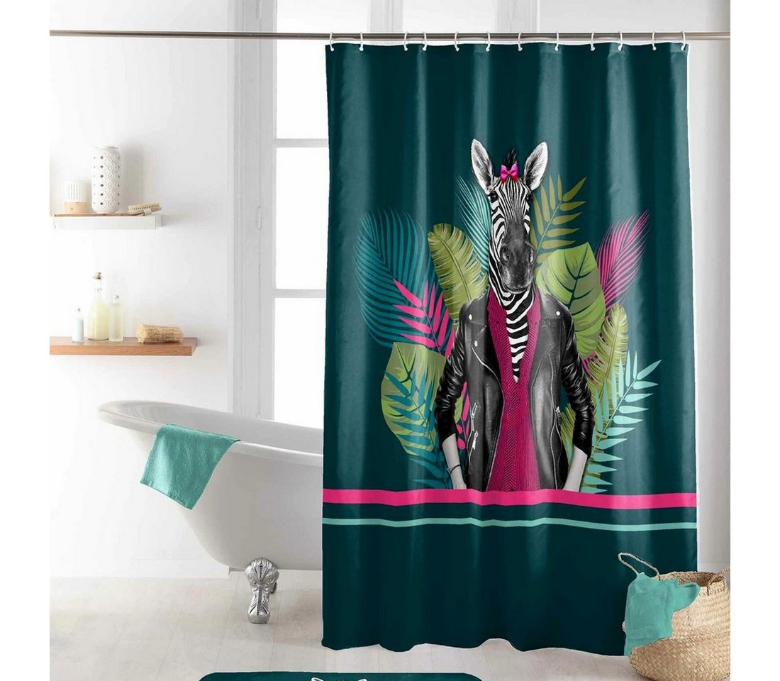 Sanixa Duschvorhang waschbar Badewannenvorhang Vorhang hochwertig mit Ringen Metallösen Breite 180 cm, Duschvorhang Textil 200x180 cm Zebra grün wasserabweisend von Sanixa