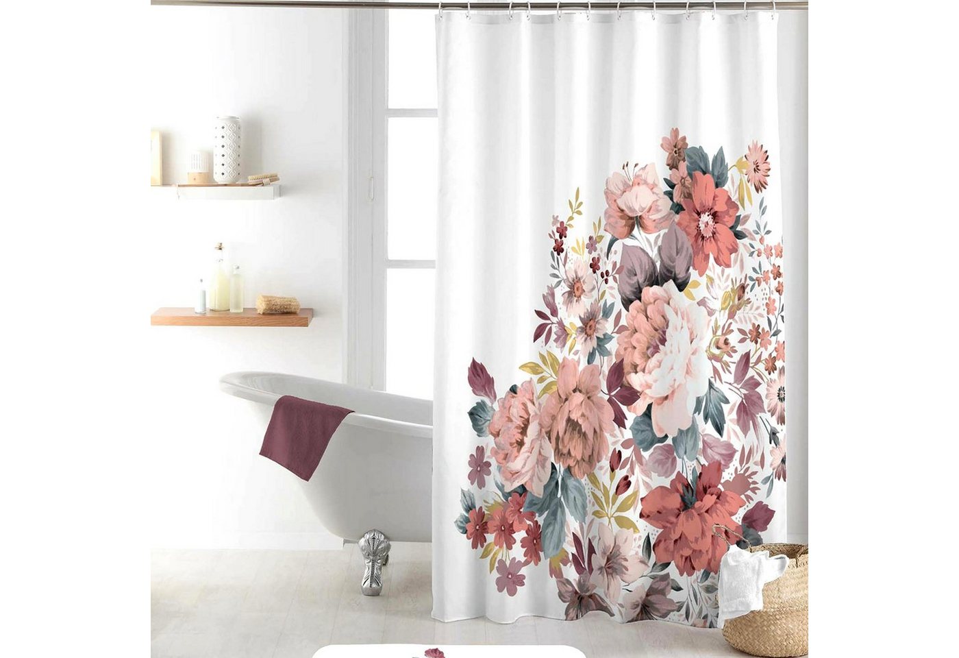 Sanixa Duschvorhang Duschvorhang Textil 180x200 cm Blumen Muster Rosen weiß bunt waschbar Breite 180 cm, wasserabweisend Badewannenvorhang Vorhang mit Ringen Metallösen von Sanixa