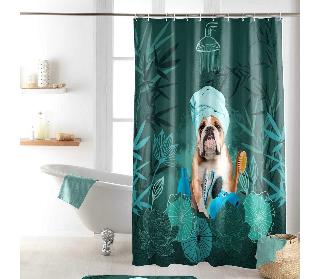 Sanixa Duschvorhang Duschvorhang Textil 200x180 witzig Hund grün wasserabweisend waschbar Breite 180 cm, Badewannenvorhang Vorhang hochwertige Qualität mit Ringen Metallösen von Sanixa