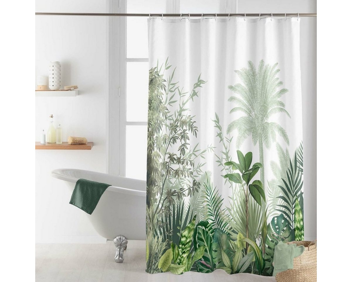 Sanixa Duschvorhang Duschvorhang weiß grün Textil 180x200 cm Dschungel wasserabweisend, Badewannenvorhang Vorhang hochwertige Qualität mit Ringen Metallösen von Sanixa