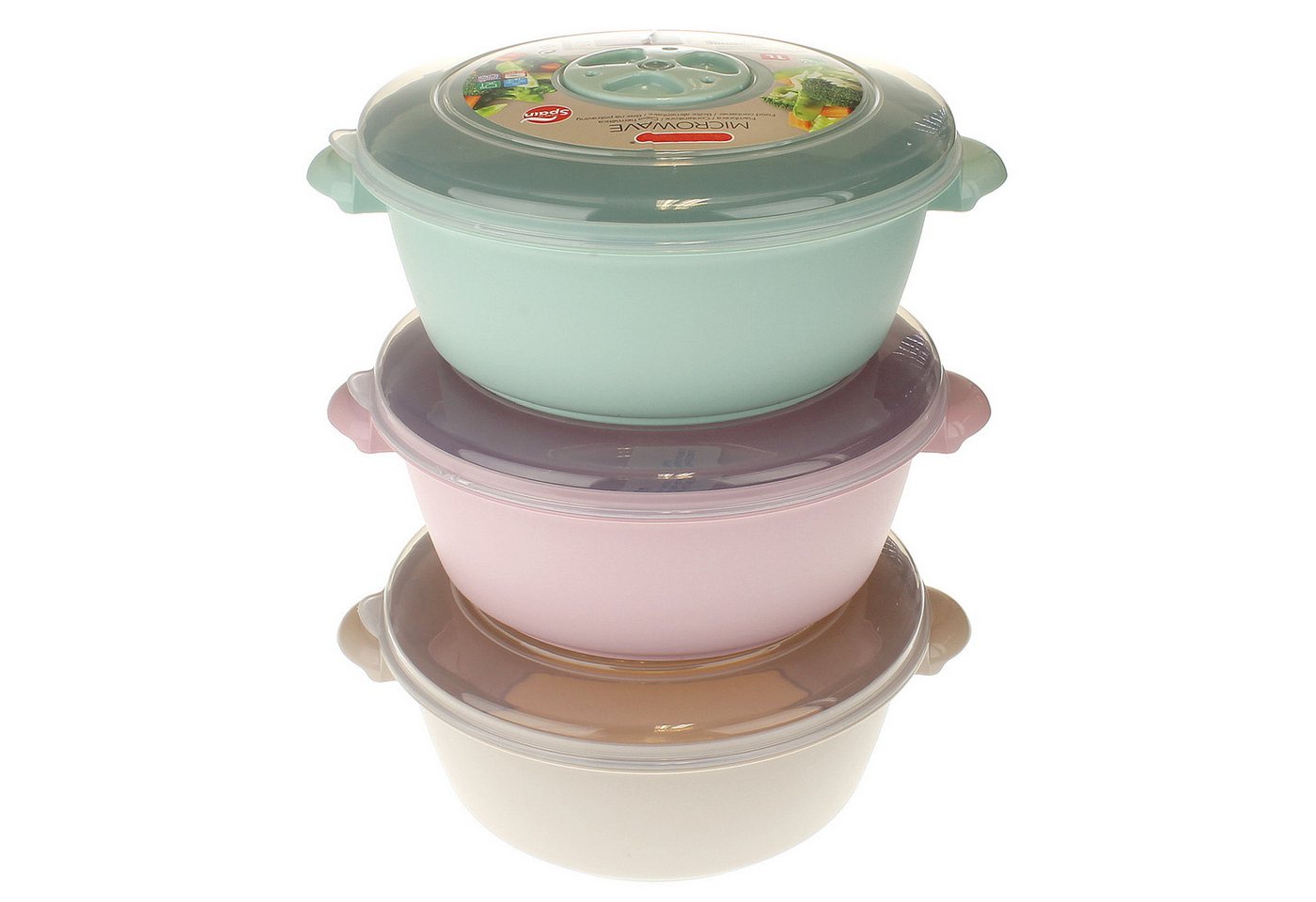 Sanixa Mikrowellenbehälter Mikrowellengeschirr Kunststoff 3er Set 20 cm Deckel Rosa Beige Grün, (3tlg. Set, Dampfventil Geschirrset Gefriergeeignet), PA frei Mikrowellendosen Mikrowellen Geschirr Schalen von Sanixa