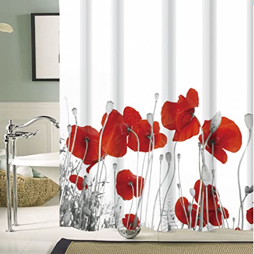 Sanixa PA80171 Duschvorhang Textil 180x100 cm Mohnblume weiß rot wasserabweisend waschbar Badewannenvorhang Vorhang hochwertige Qualität mit Ringen Metallösen von Sanixa
