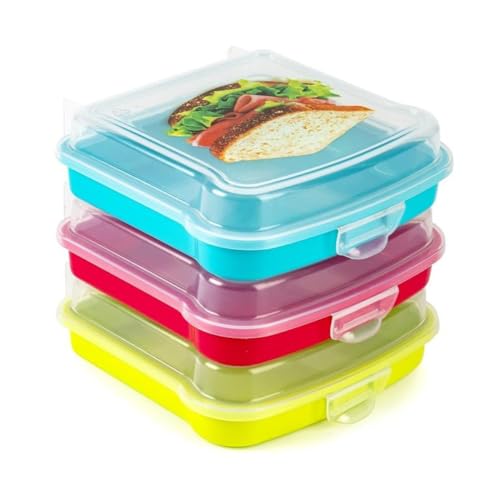 Sanixa PF14024_x3 Sandwichdose 3er Set bunt transparenter Deckel Brotdose Brotbox stapelbar Vesperdose Lunchbox BPA frei Toastaufbewahrung Sandwich Box von Sanixa