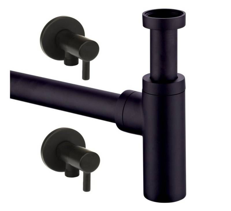 Sanixa Siphon Ablauf für Waschbecken Abfluss Ablaufset Sifon Röhren-Syphon, (3-tlg), Design Siphon Set rund schwarz matt mit Eck-Ventilen von Sanixa