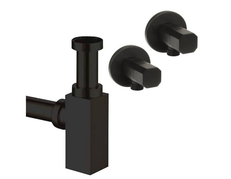 Sanixa Siphon Ablauf für Waschbecken Abfluss Ablaufset Sifon Röhren-Syphon, (Standard Größe), Design Siphon Set eckig schwarz matt mit Eck-Ventilen von Sanixa