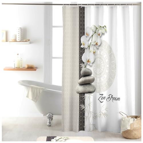 Sanixa U1800680 Duschvorhang Textil 180x200 cm Zen-Steine Orchidee Weiß Beige wasserabweisend waschbar Badewannenvorhang Vorhang hochwertige Qualität mit Ringen von Sanixa