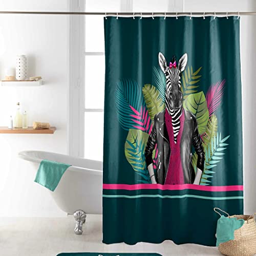 Sanixa U1801359 Duschvorhang Textil 200x180 cm Zebra grün wasserabweisend waschbar Badewannenvorhang Vorhang hochwertige Qualität mit Ringen Metallösen von Sanixa