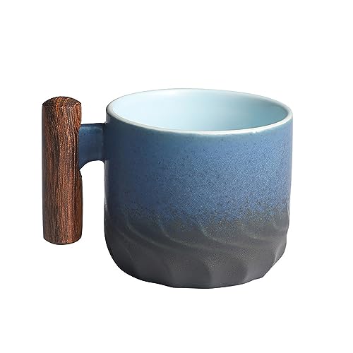 Sank Superie Handgefertigte Retro-Kaffeetasse aus Keramik Espressotassen Kaffeetassen aus Keramik Wasserbecher Kaffeebecher mit Holzgriff (DUNKELBLAU) von Sank