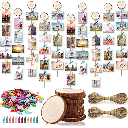 Sanlianzi Fotoleine Rahmen, 10pcs Holz Scheibe Bilderrahmen Collage Fotorahmen Mehrere Bilder Hange Fotowand Fotocollage Für Geburtstag Hochzeit, Mit Hanfseil Holzclip von Sanlianzi