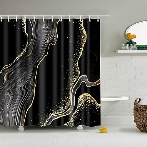 Duschvorhang Schwarz, Shower Curtains Antischimmel,W180cm x L210cm Textil Vorhang Outdoor Wasserdichter, Waschbar Stoff Polyester 3D Digitaldruck Badewanne Duschvorhänge mit 12 Duschvorhangringen von Sanlok