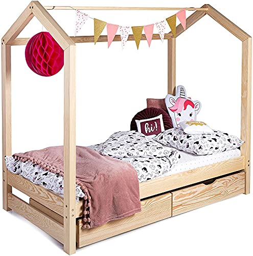 Sanmar Kinderbett Bett Hausbett 120x120 mit Lattenrost und Schubladen -Bettgestell aus Kiefer Holz für Haus Kinder - Jungen & Mädchen - Holzbett Baby Kinderzimmer Junge Deko von Sanmar